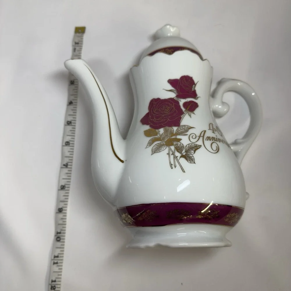 Vintage Nasco 40th Anniversary Fine China Tea Set 3pc White Gold Red Roses Japan